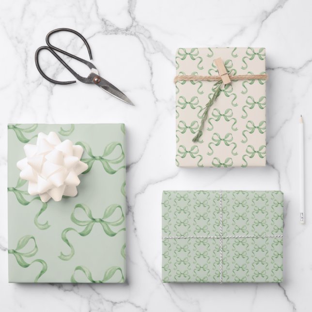 Hand Drawn Watercolor Green Bows Wrapping Paper (Front)