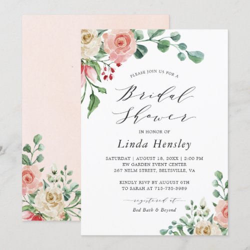 Hand Drawn Watercolor Rose Floral Bridal Shower Invitation