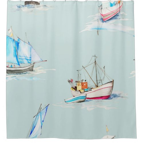 hand drawn watercolor sailboat illustrationsailboa shower curtain