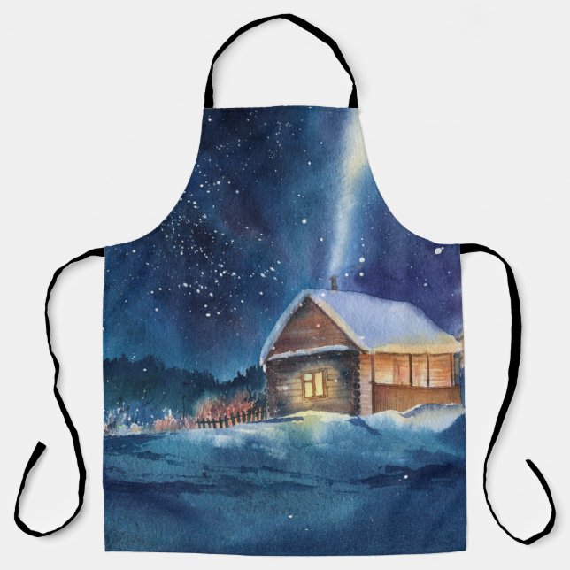 Hand drawn watercolor winter landscape apron (Front)