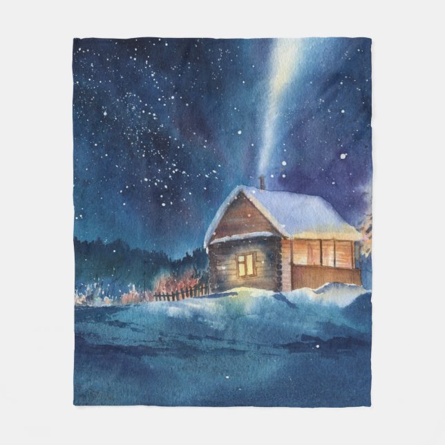 Hand drawn watercolor winter landscape fleece blanket (Front)