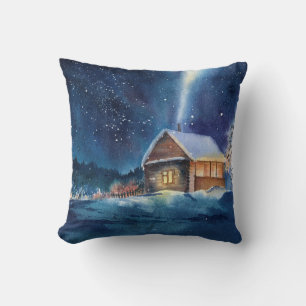 Hand drawn watercolor winter landscape throw pillow