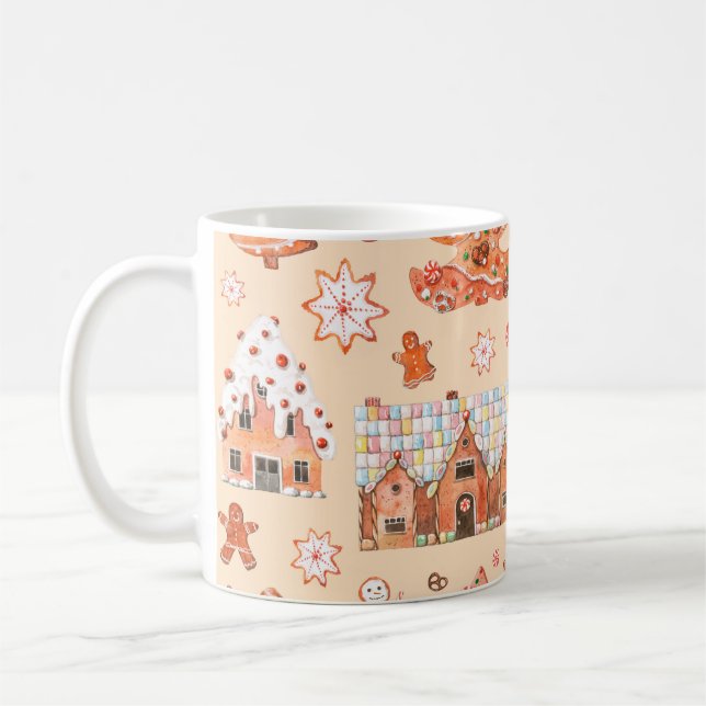 Hand drawn watercolour seamless pattern of gingerb coffee mug (Left)