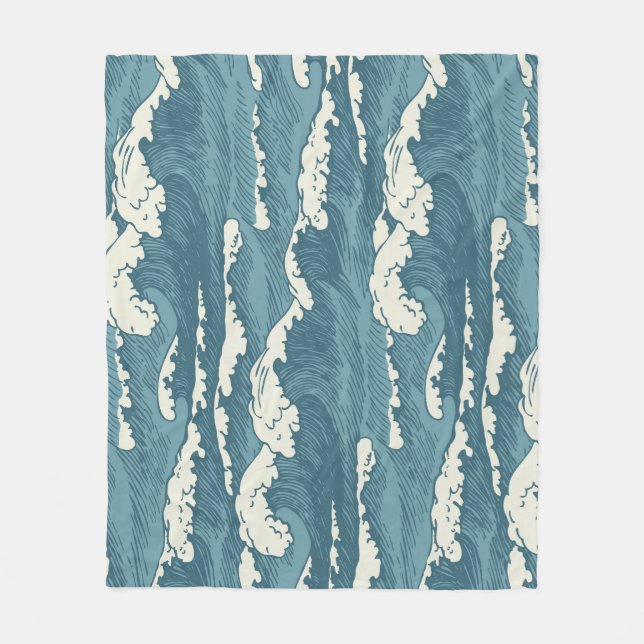 Hand-Drawn Waves Retro Vintage Pattern Fleece Blanket (Front)