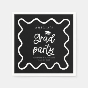 Hand Drawn Wavy Line Black Grad Party Napkins
