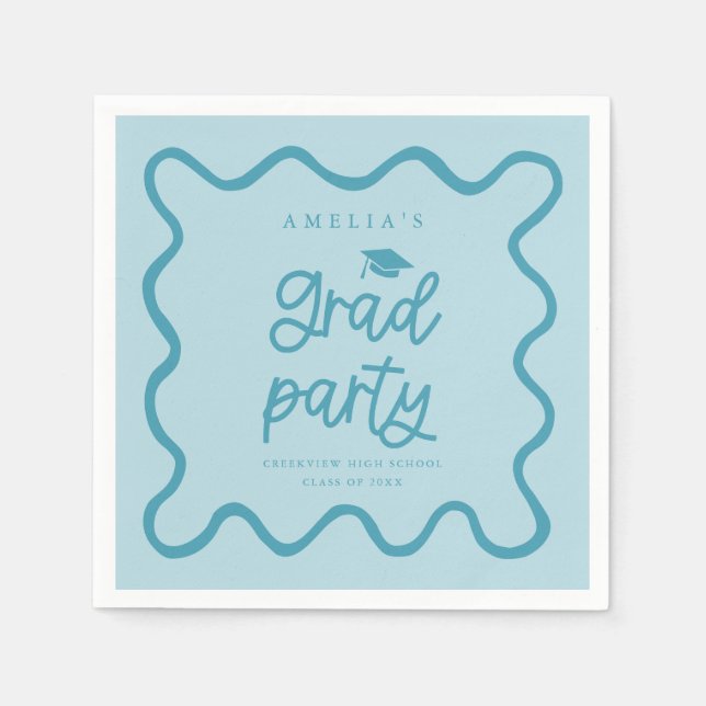 Hand Drawn Wavy Line Blue Grad Party Napkins (Front)
