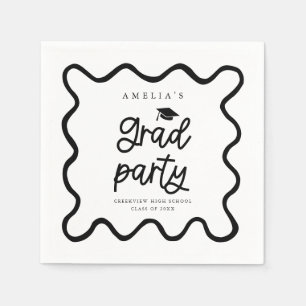 Hand Drawn Wavy Line White Grad Party Napkins