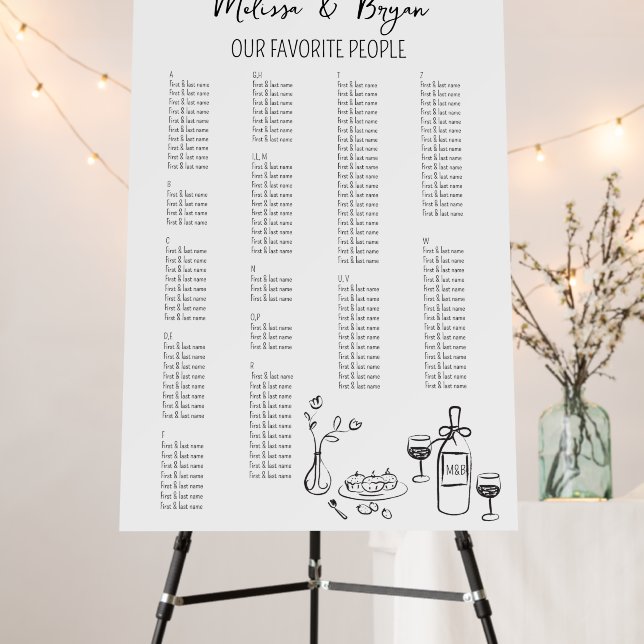 Hand drawn Wedding ALPHABETICAL Seating Chart Foam Board (In Situ (Stand))