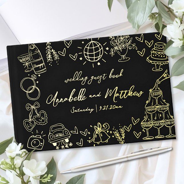 Hand Drawn Wedding Black Gold Foil Guest Book (Hand Drawn Wedding Black Gold Foil Guest Book )