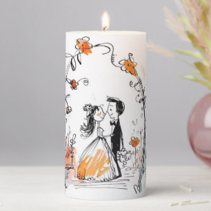 Hand-Drawn Wedding Couple "Just Married" Artistic Pillar Candle