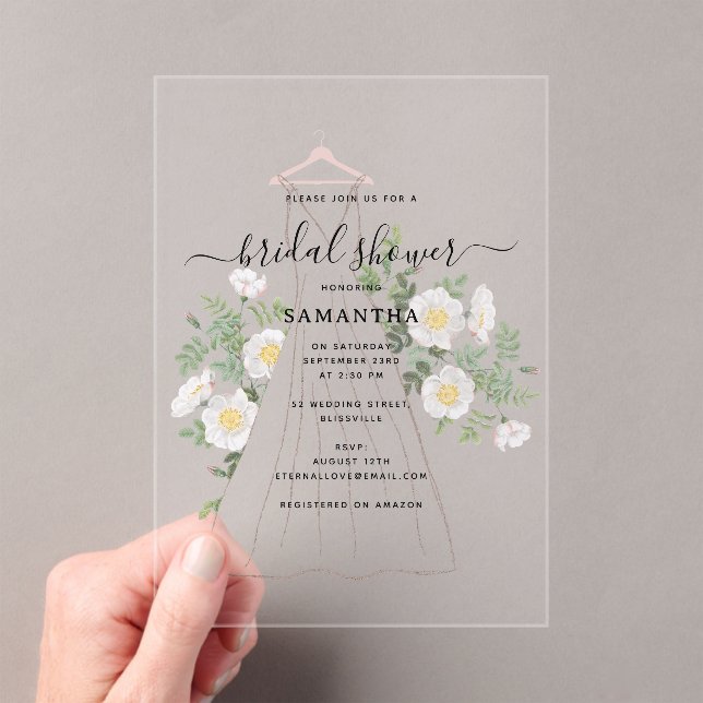 Hand Drawn Wedding Dress Floral Bridal Shower Acrylic Invitations (Insitu (Handheld))