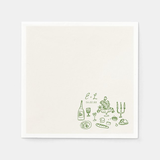 Hand Drawn Wedding Food Initials Napkins (Front)