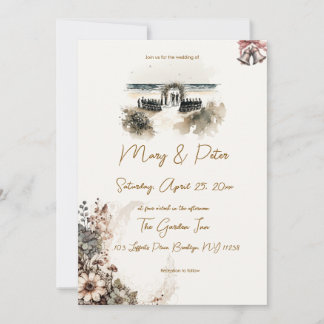 Hand drawn wedding invitation floral beach