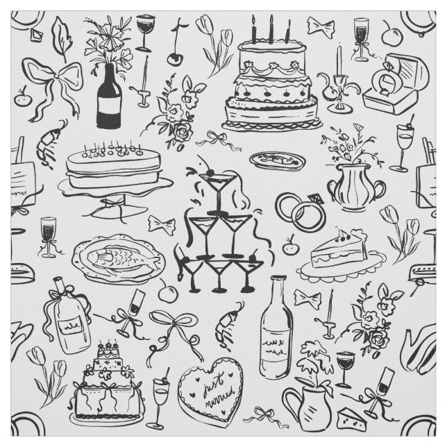 hand drawn wedding marriage champagne fountain fabric (Swatch)