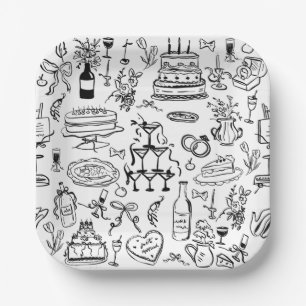 hand drawn wedding marriage champagne fountain paper plates