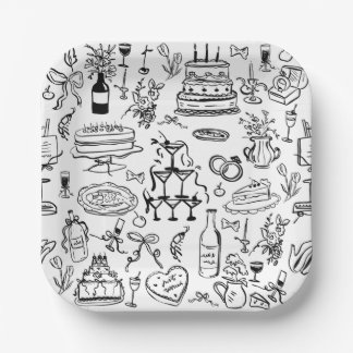 hand drawn wedding marriage champagne fountain paper plates