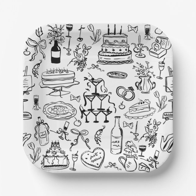 hand drawn wedding marriage champagne fountain paper plates (Front)