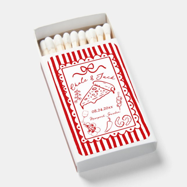 Hand Drawn Wedding Pizza Love Matchboxes, Fun  Matchboxes (Front Open)