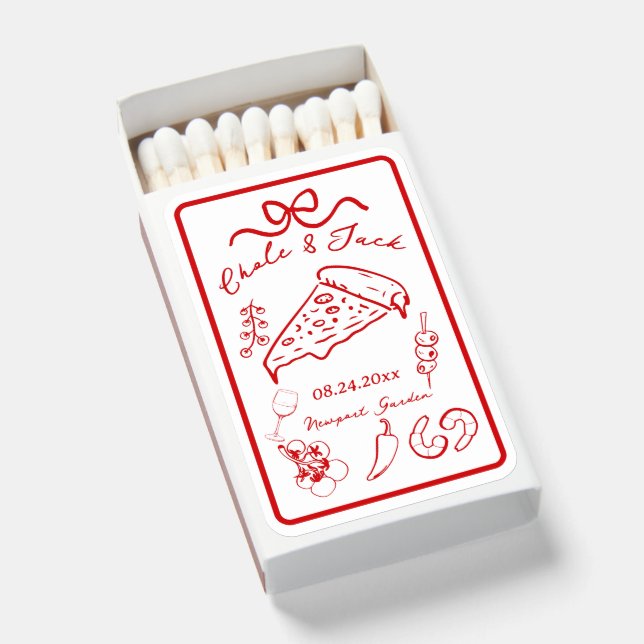 Hand Drawn Wedding Pizza Love Matchboxes, Fun  Matchboxes (Front Open)