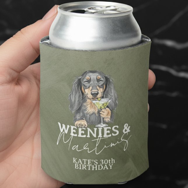 Hand Drawn Weenies and Martinis Dachshund Can Cooler (Celebrate with this Hand Drawn Weenies and Martinis Dachshund Can Cooler! )