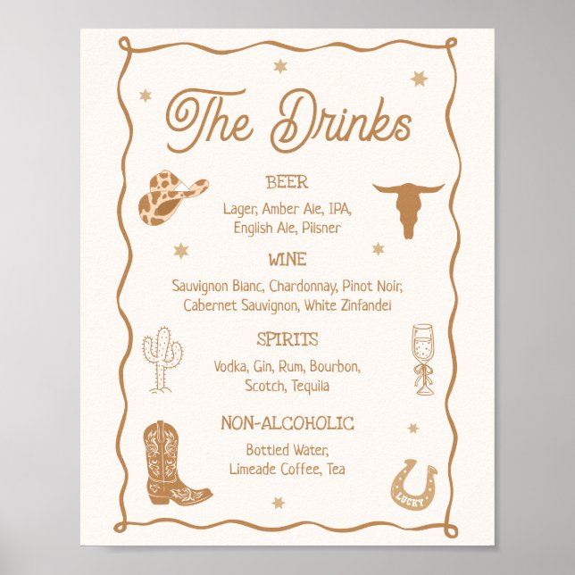 Hand Drawn Western Bridal Shower Drink Menu Bar  Poster (Front)