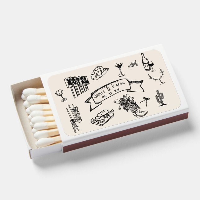 Hand Drawn Western Country wedding Matchboxes (Front Open)