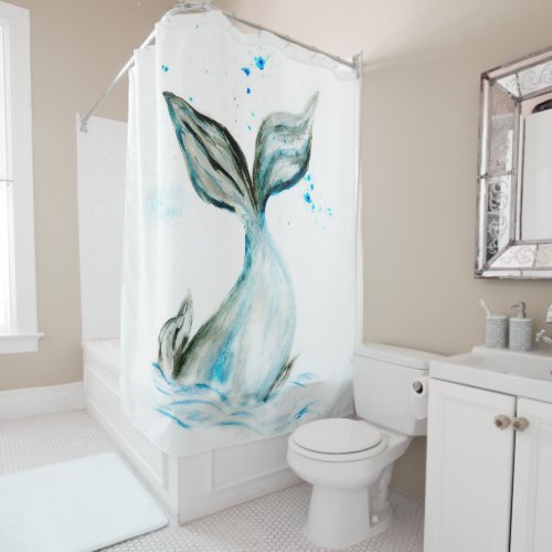 Hand drawn whale tail shower curtain