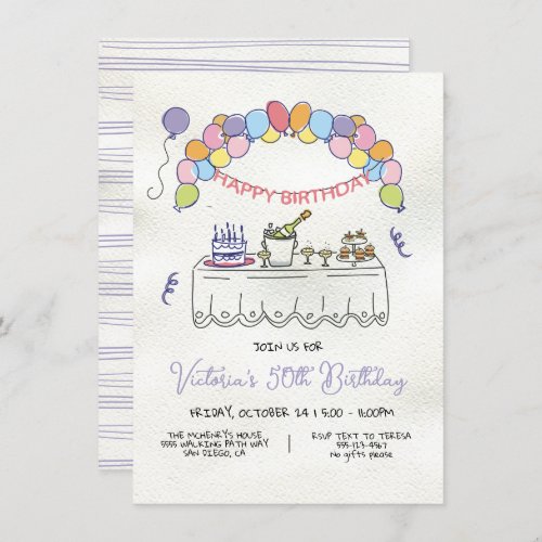 Hand Drawn Whimsical Adult Birthday Party Invitation
