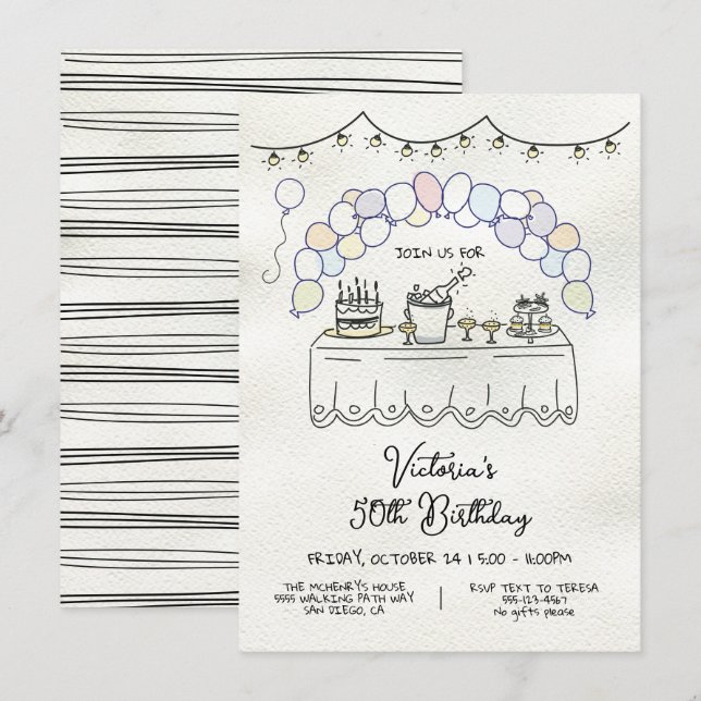 Hand Drawn Whimsical Adult Birthday Party Invitation (Front/Back)