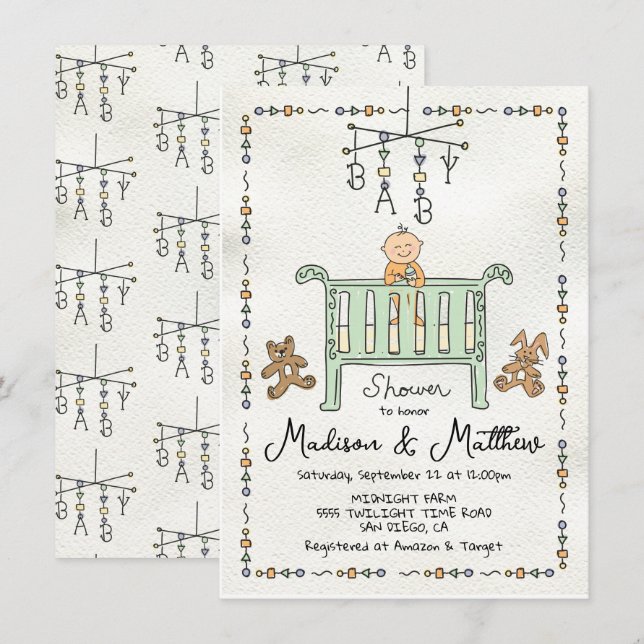 Hand Drawn Whimsical Baby Crib Mobile Invitation (Front/Back)