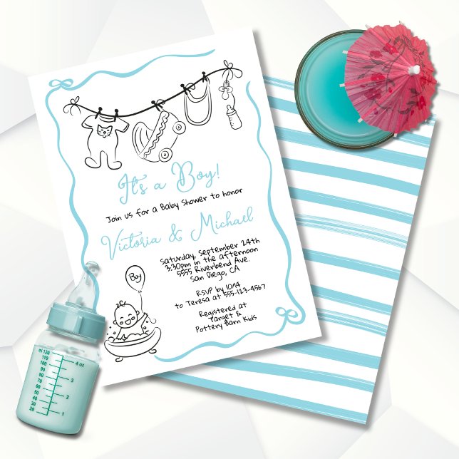 Hand drawn whimsical Baby Shower Clothesline Boy Invitation (Creator Uploaded)