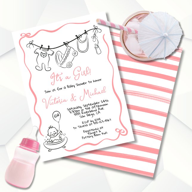 Hand drawn whimsical Baby Shower Clothesline Girl Invitation (Creator Uploaded)