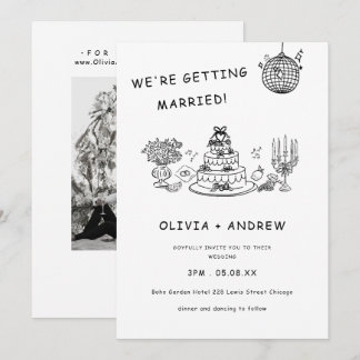 Hand Drawn Whimsical Black and White Wedding Invitation