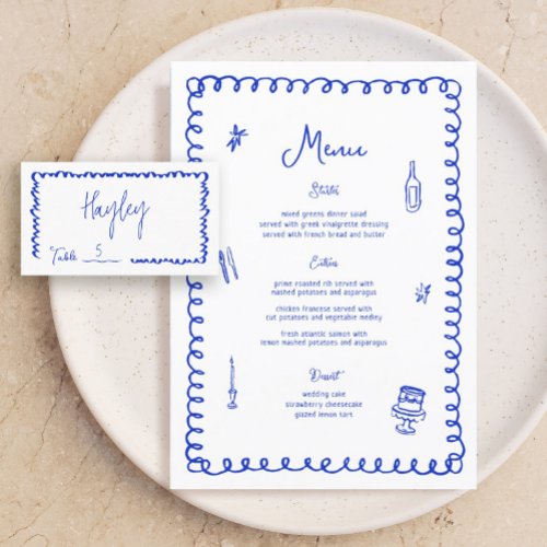 Hand Drawn Whimsical Blue French Wedding Menu