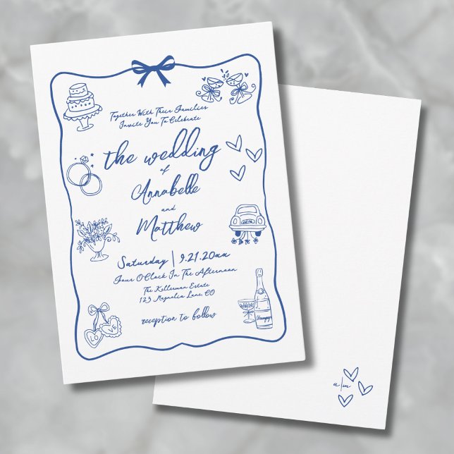 Hand Drawn Whimsical Blue Wedding Invitation (Hand Drawn Whimsical Blue Wedding Invitation)