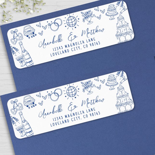 Hand Drawn Whimsical Blue Wedding Return Address Label (Hand Drawn Whimsical Blue Wedding Return Address label )