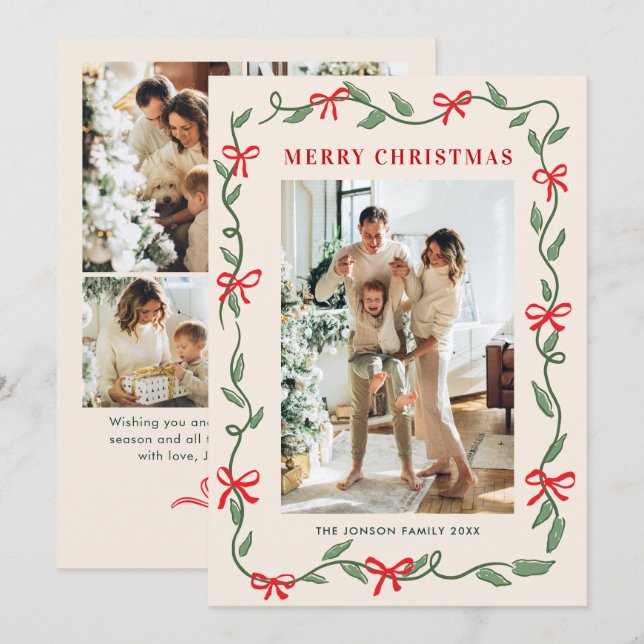 Hand Drawn Whimsical Boho Christmas 5 Photo Holiday Card (Front/Back)