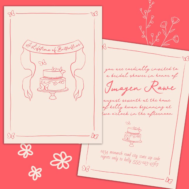 Hand Drawn Whimsical Butterfly Theme Bridal Shower Invitation (a lifetime of butterflies bridal shower)