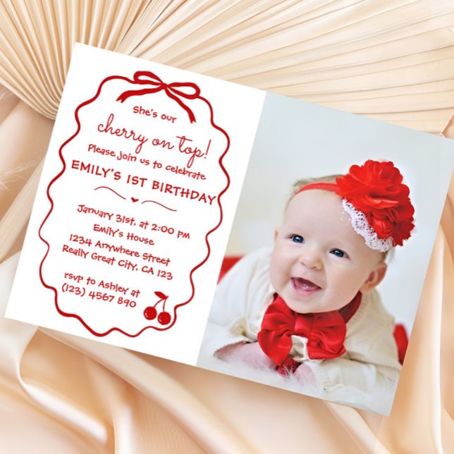 Hand drawn Whimsical Cherry On Top Photo  Invitation (She's the Cherry on Top Hand Drawn Birthday Invitation She's our Cherry on Top, Hand Drawn Birthday )