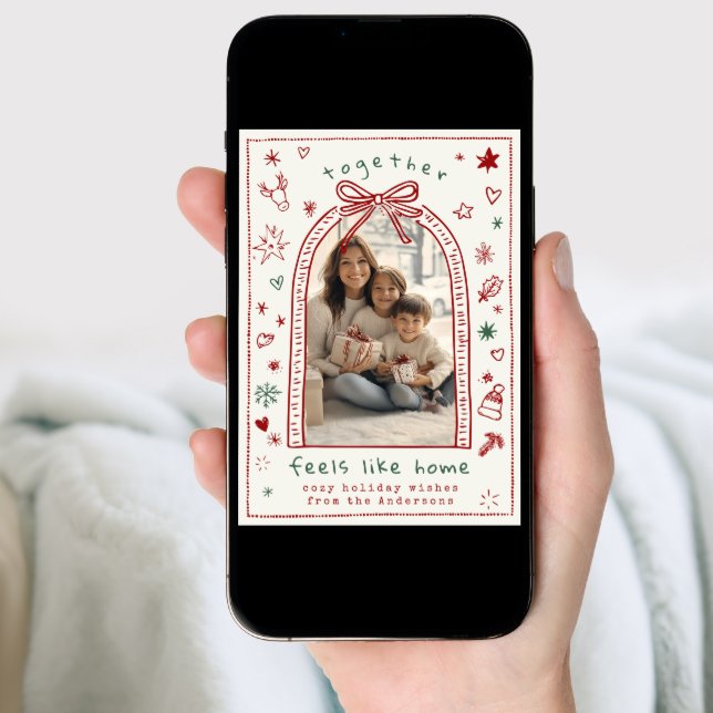 Hand Drawn Whimsical Christmas Bow Doodle Photo Holiday Card (Front Digital)