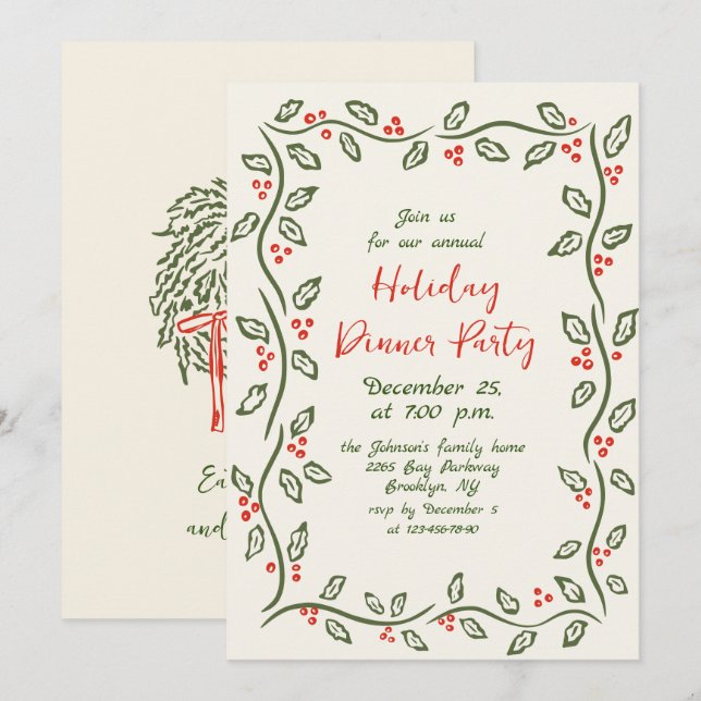 Hand Drawn Whimsical Christmas Holiday Dinner Invi Invitation (Front/Back)