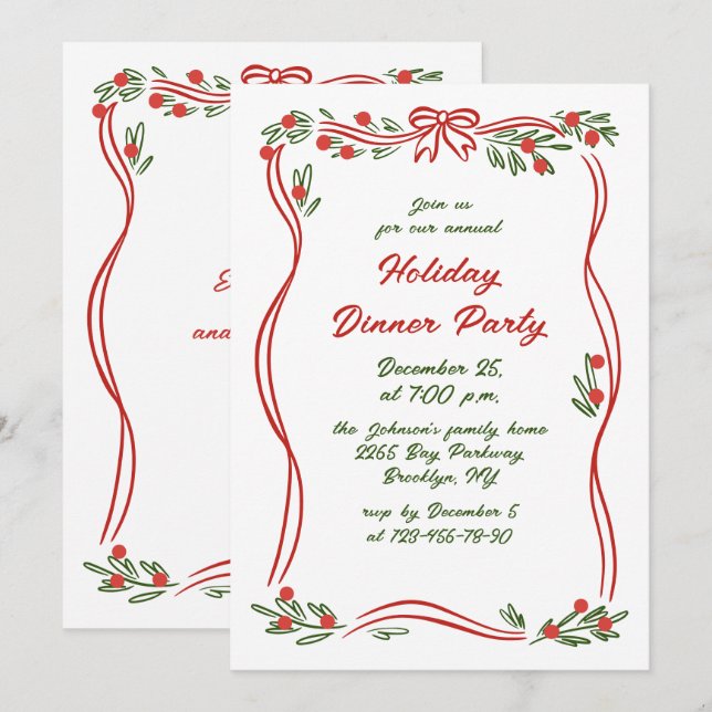 Hand Drawn Whimsical Christmas Holiday Dinner Invitation (Front/Back)