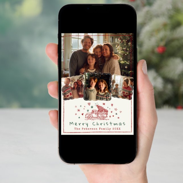 Hand Drawn Whimsical Christmas Truck 4 Photo Holiday Card (Front Digital)