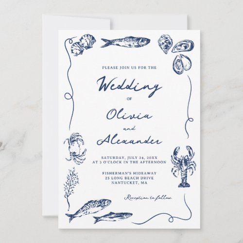 Hand Drawn Whimsical Coastal Navy Blue Wedding