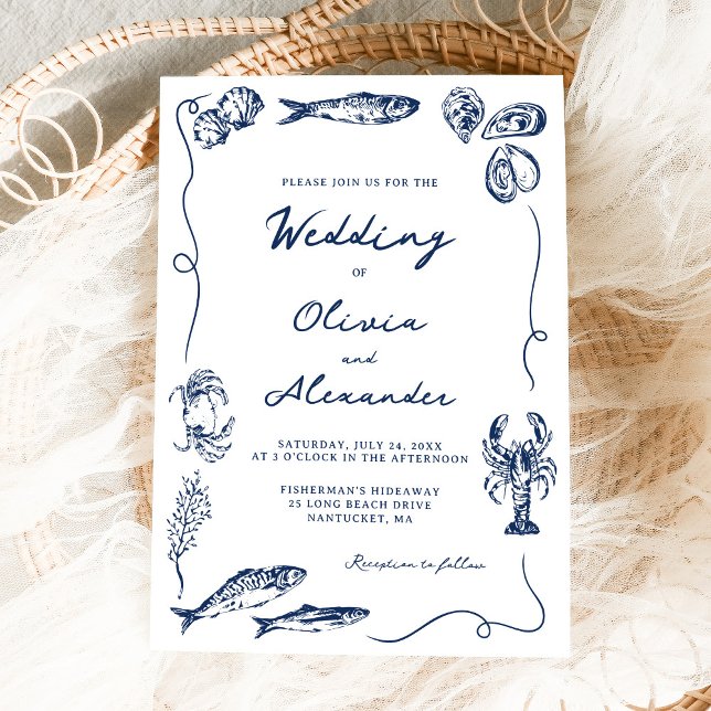 Hand Drawn Whimsical Coastal Navy Blue Wedding Invitation (Creator Uploaded)