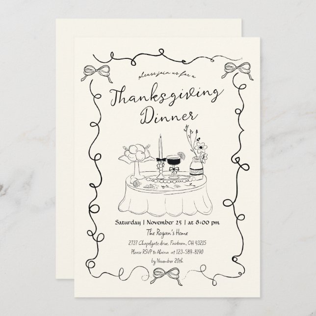 Hand Drawn Whimsical Dinner Table Thanksgiving  Invitation (Front/Back)