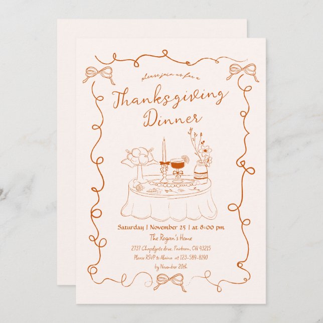 Hand Drawn Whimsical Dinner Table Thanksgiving  Invitation (Front/Back)