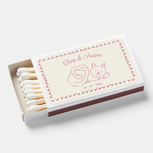 Hand Drawn Whimsical Doodle Cute Cat Wedding Matchboxes (Front Open)