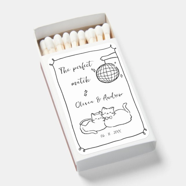 Hand Drawn Whimsical Doodle Cute Cat Wedding Matchboxes (Front Open)