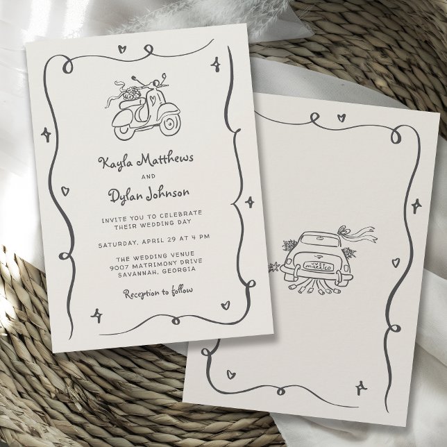 Hand Drawn Whimsical Doodles Wavy Frame Wedding Invitation (Available in both printed and instant download digital formats.)